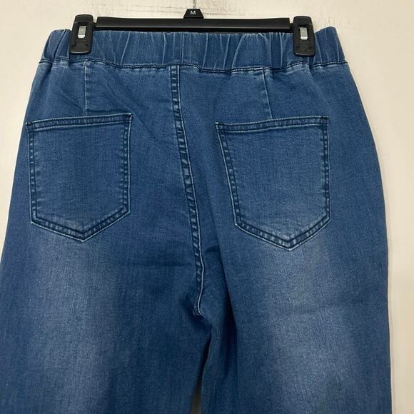 Tracies Leopard Patch Flare Jeans L Bell Bottom Pull On Stretch Denim Boho - Picture 9 of 11